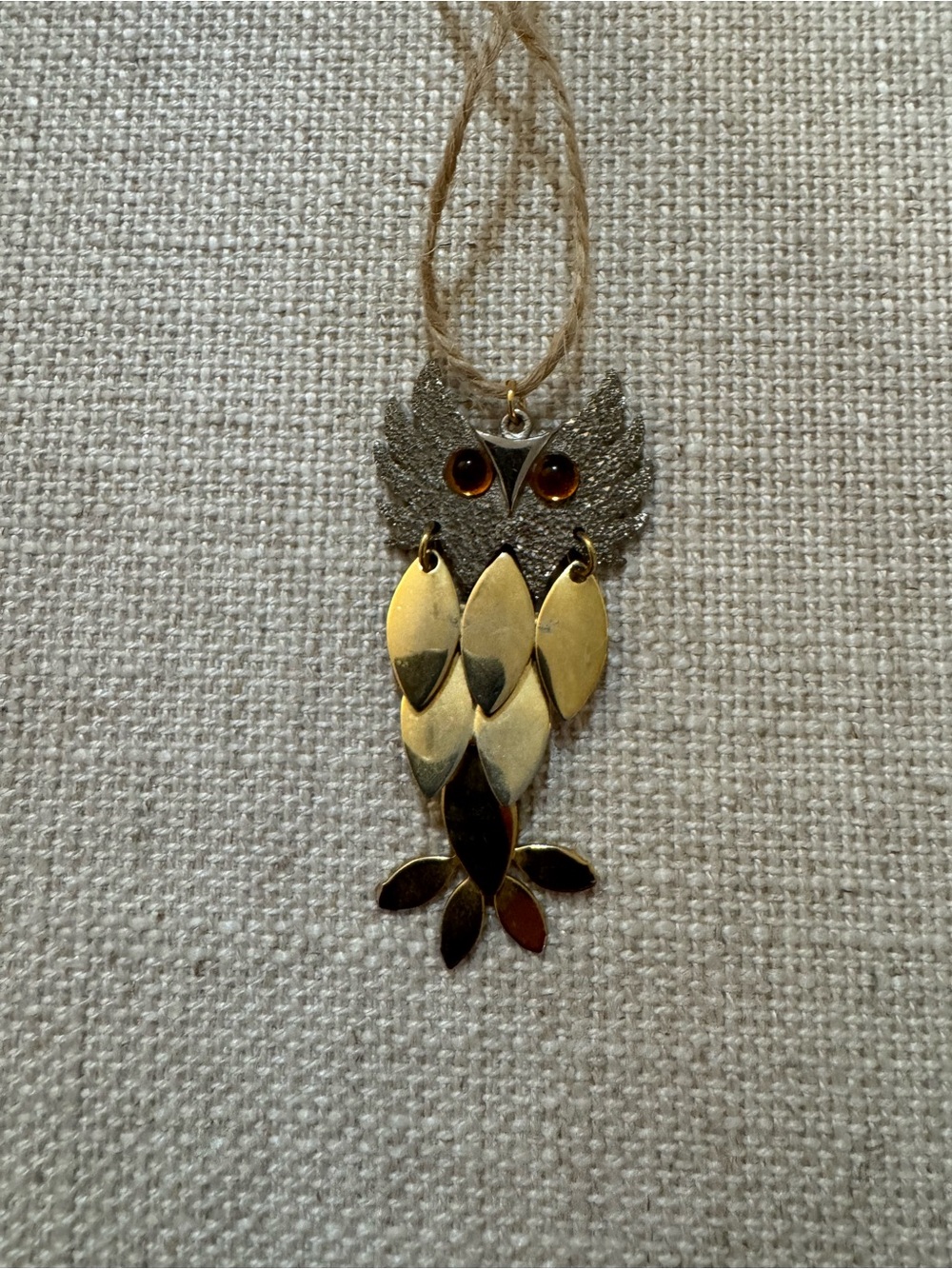 Vintage Owl Pendant Gold Silver Tone Amber Eyes Dangle Mid Century